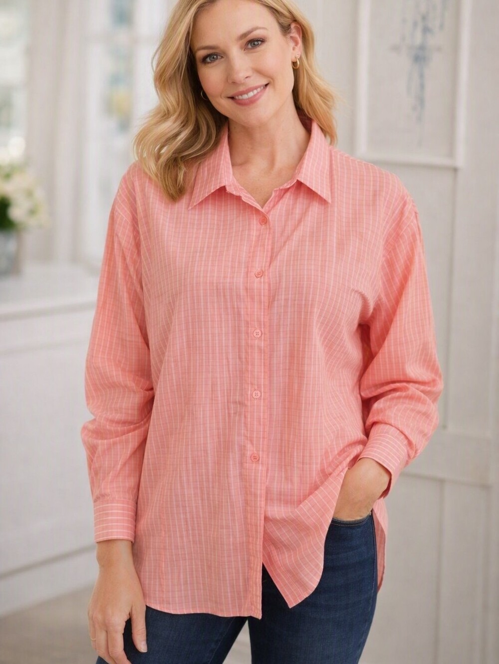 Vintage Preppy Tabi International Pink Coral PinStripe Button Down Blouse. XXL